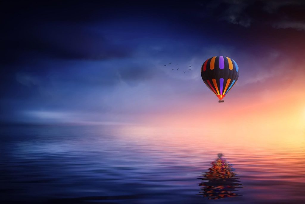 hot air balloon, nature, lake, balloon, sunset, blue, yellow, colorful, sky, clouds, reflection, floating, dream, fantasy, blue sky, blue sunset, blue clouds, blue fantasy, blue dream, blue lake, blue color